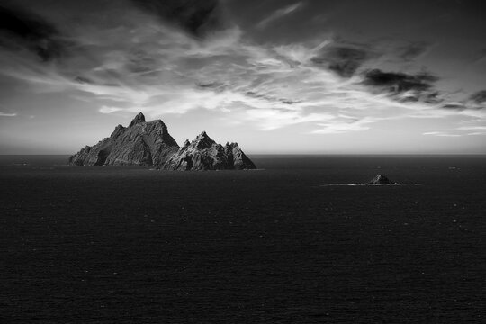 Two rocky islands in the sea at sunset, Skellig Michael and Little Skellig, Skellig Ring panoramic road, Portmagee, Iveragh Peninsula, Kerry, Ireland