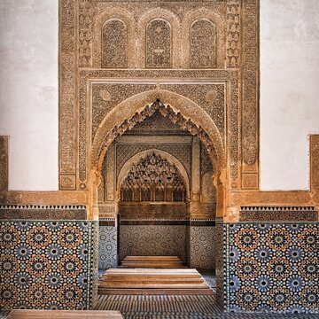 Tomb of the Alawite Sultan Moulay El Yazid, tile mosaics, ornaments, carvings in cedar wood, interior view, Saadian tombs or Saadite tombs, UNESCO World Heritage Site, Marrakech, Morocco