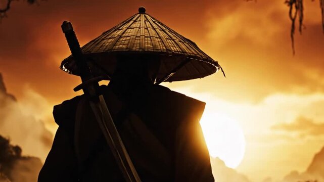silhouette of a warrior carrying a long sword and wearing a woven bamboo hat	
