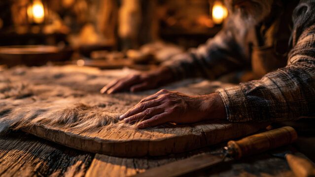 Hands of a furrier stretch a pelt on a wooden table in a workshop during evening hours as warm light fills the space