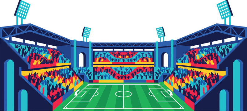 Colorful illustration of a packed soccer stadium with green field and excited crowd