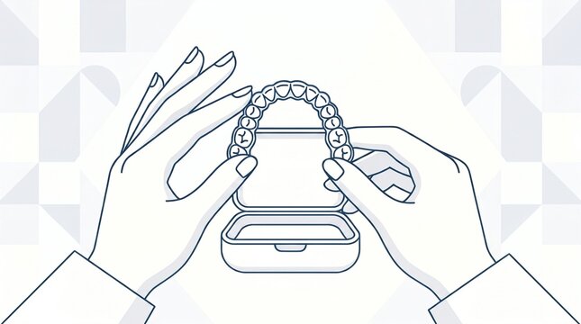 Hands holding clear dental aligners above a storage case. Orthodontic treatment and oral care illustration.