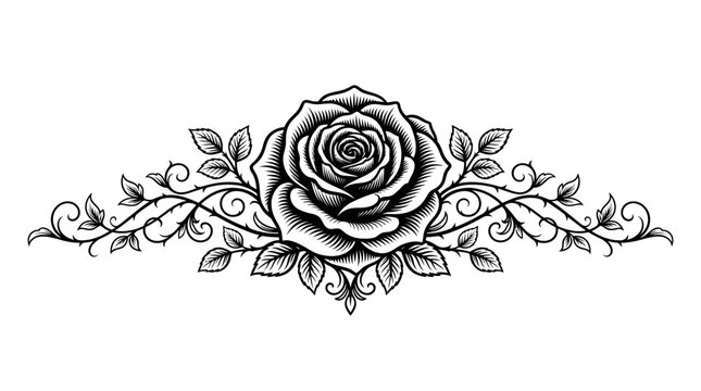 Black and white rose with thorny vines and leaves border design