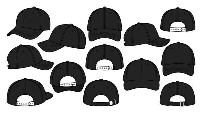 Collection of black baseball caps in various angles and views