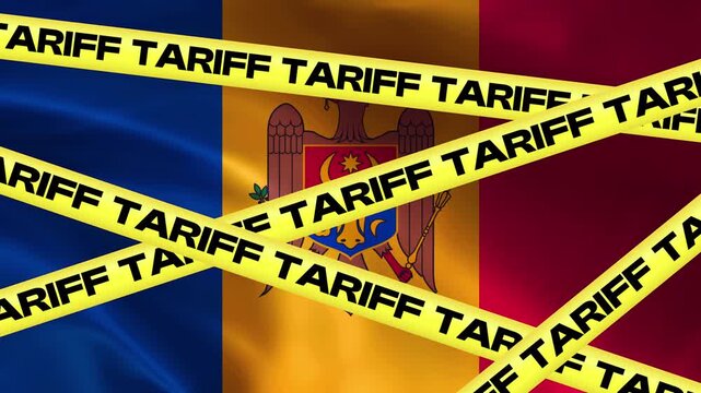 Tariff Barrier on Moldovan Flag: Yellow tape with TARIFF repeated across it is draped over a waving flag of Moldova, symbolizing economic restrictions and trade barriers.