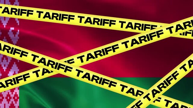 Trade barrier: Yellow warning tape with TARIFF imprinted on it is stretched across the flag of Belarus, symbolizing economic sanctions and trade restrictions.