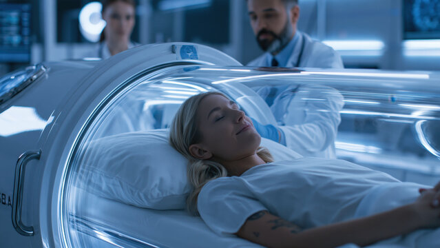 Patient receives hyperbaric oxygen therapy inside a large chamber with medical staff present in a clinical setting during the day