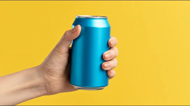 Hand holding a blue aluminum beverage can against a bright yellow background, showcasing the can's design and color in a visually appealing manner