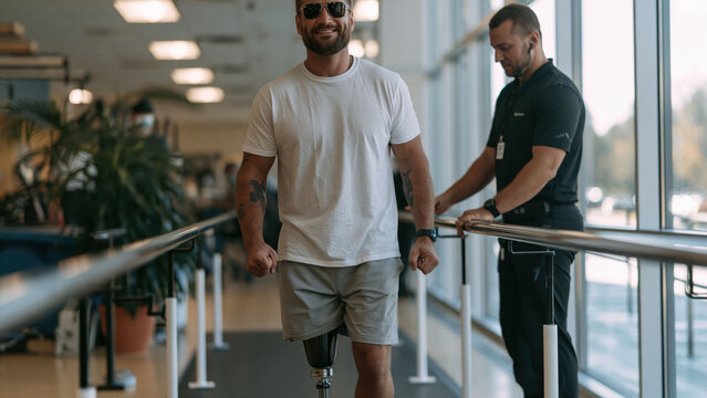 Amputee takes first steps on a bionic leg while receiving guidance from a therapist in a rehabilitation center