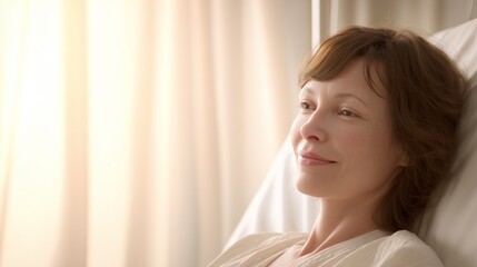 Naklejka premium Woman patient recovering in hospital bed, finding hope and wellness with morning light with copy space