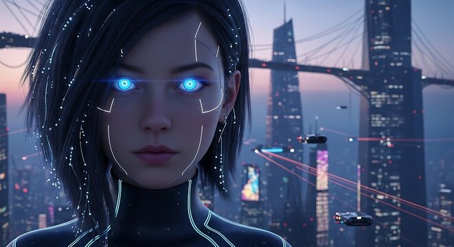 Futuristic cyborg portrait with glowing eyes against a cityscape background