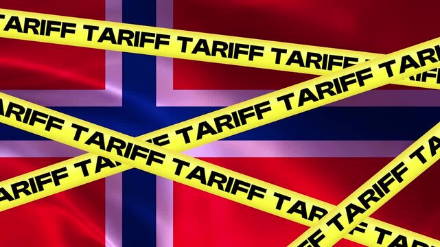 Norway Tariff Barrier: The Norwegian flag is obscured by yellow caution tape printed with the word TARIFF, symbolizing trade barriers and economic restrictions.