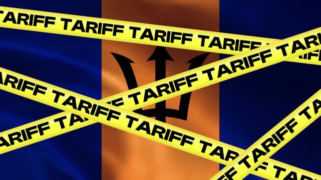Barbados Flag with Tariff Tape: Yellow caution tape with the word TARIFF printed repeatedly stretches across the flag of Barbados, symbolizing economic restrictions and trade barriers.