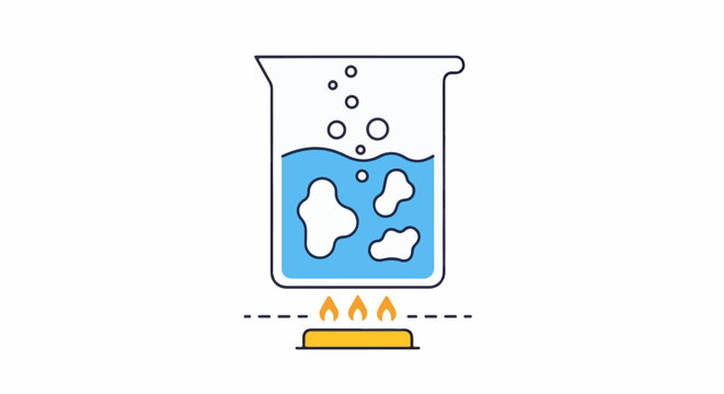 A beaker with blue liquid and white blobs is heated over an orange burner