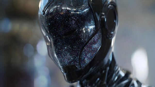 Close-up of a futuristic humanoid helmet crafted from polished obsidian, iridescent galaxy pattern shifting across the surface
