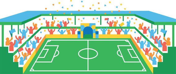 Colorful illustration of soccer stadium with cheering crowd on stands © Khatunay JANNATARA