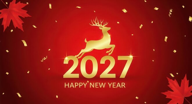 A gold deer jumping over the year 2027 on a red background illustration