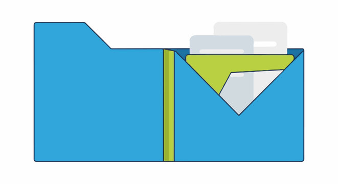 A blue folder opens to reveal a lime green insert holding white documents