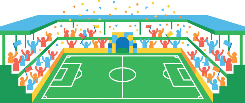 Colorful illustration of soccer stadium with cheering crowd on stands