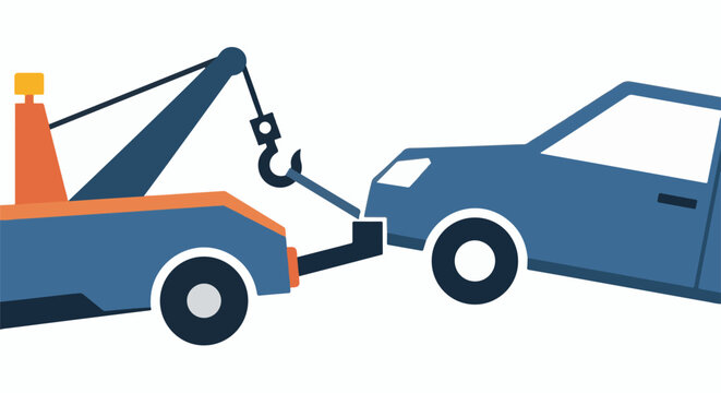 A blue tow truck hooks a blue car, ready for transport
