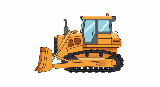 A bright yellow bulldozer with a wide blade and tracks is depicted