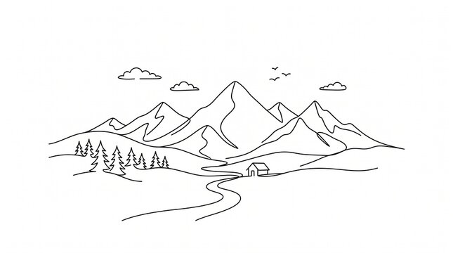 Minimalist line art illustration of a serene mountain landscape featuring a small cabin, winding river, and pine trees under a cloudy sky.