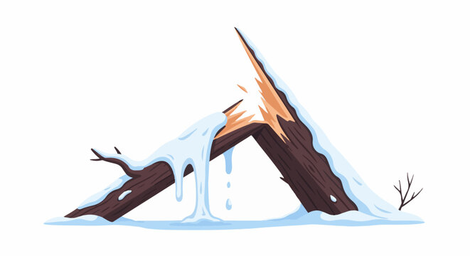 A broken tree trunk covered in snow with icy drips, on white