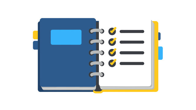 Open Spiral Notebook Flat Illustration with Checklist and Yellow Tabs on White Background for Planning and Organization