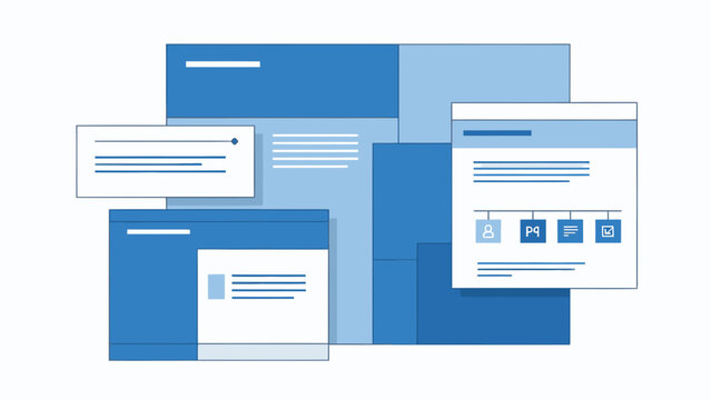 Overlapping digital interface windows illustration for data organization and business technology design