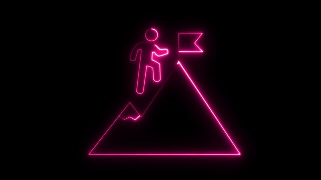 Glowing neon line of man conquering mountain peak icon isolated on transparent background Business concept of victory, success, goal achiever Success icon animation with neon