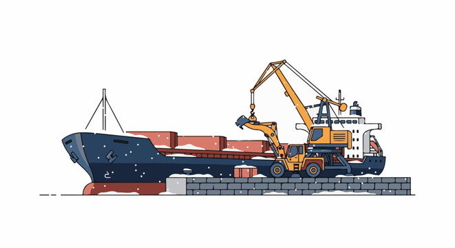A cargo ship is being loaded with containers at a snowy dock by a crane