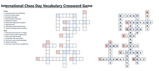 International Chess Day vocabulary crossword game. Solved and unsolved word puzzle with clues. Educational board game activity © ON - Studio