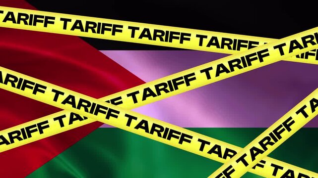 Tariff Barrier on National Flag: Yellow warning tape with the repeated word TARIFF is stretched across a waving national flag, symbolizing economic restrictions and trade challenges.