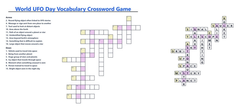 World UFO Day vocabulary crossword game. Solved and unsolved word puzzle with space clues. Educational science fiction activity