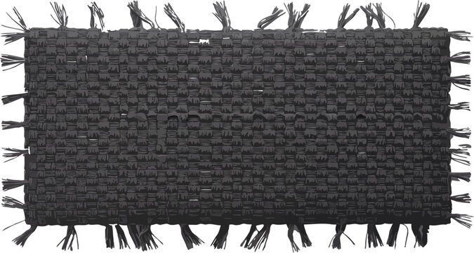 Textured Black Fabric Sample: A close-up, black and white view of a small rectangle of woven black fabric with frayed fringe along the top and bottom edges.