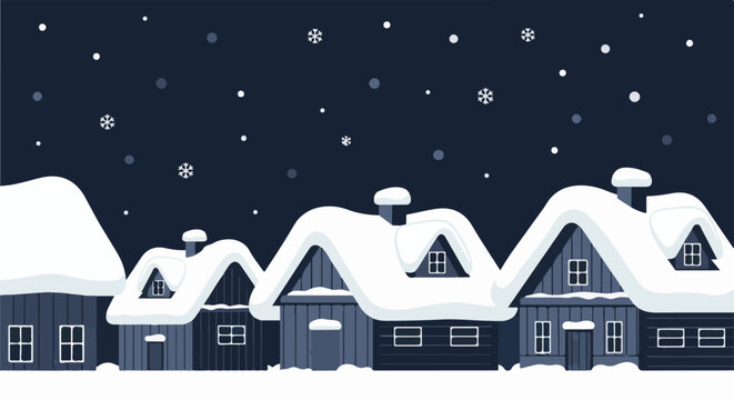 A charming pixel art illustration of snow-covered houses under a dark night sky with falling snowflakes