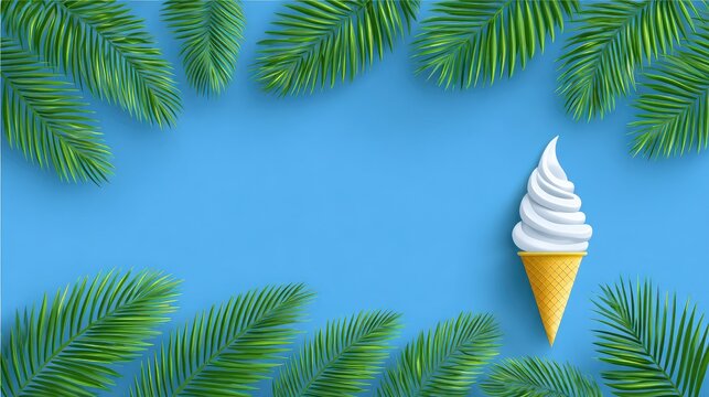 Dessert item featuring white frozen confection in a cone rests upon a bright blue background bordered by lush green foliage.