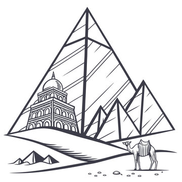 Stylized egyptian pyramids and camel in desert landscape with beast of burden