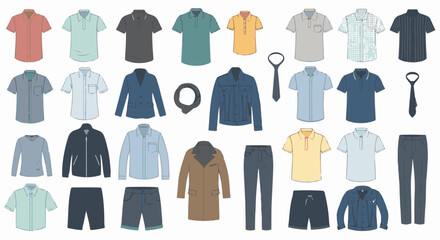 Fototapeta premium A collection of men's casual and formal wear, including shirts, jackets, and trousers