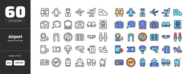 Airport Icon Set Collection - Outline Line Art Style. Containing Toilet, Airplane, Pilot, Airplane, Airplane Seat, Escalator, Luggage, Luggage Search, Baggage Claim, Locker, Waiting Room, Passport. © Yumagema