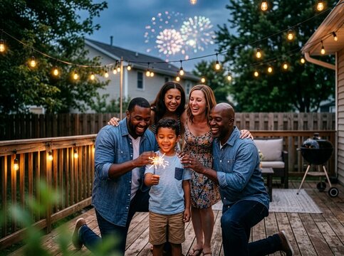 Diverse family celebrating with sparkler and fireworks in a backyard
