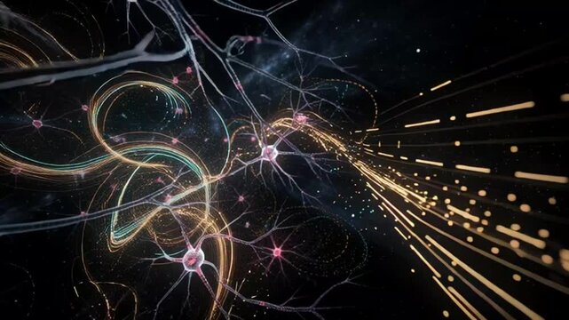 Digital visualization of neural network activity with glowing neurons and synapses transmitting electrical signals through the brain.