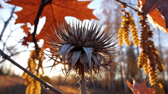 Crisp close-up of dried thistle flower against an autumn backdrop. Spiny texture and fill the frame. Bright backlighting creates a halo effect around curled, desiccated bracts. 4k