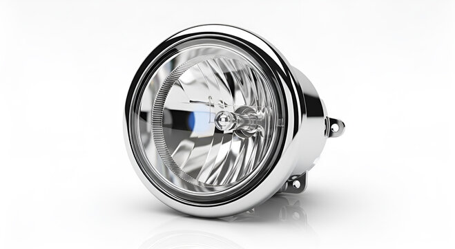 3D render of a round car headlight with a shiny chrome reflector, isolated on a clean white background, focusing on the bulb and glass lens detail.