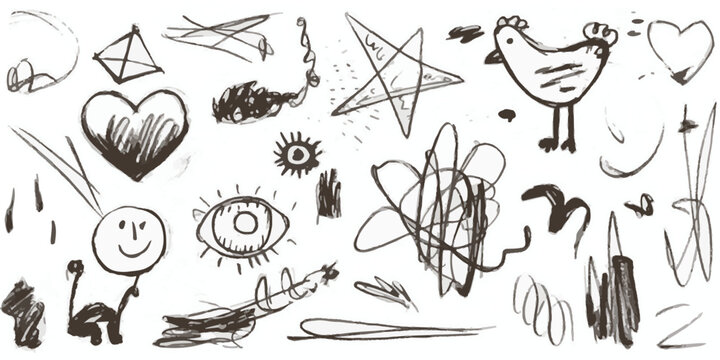 Childish scribbled drawings and doodles on white background