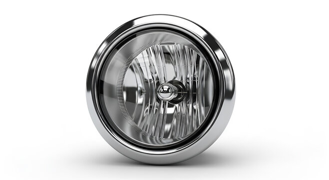 3D render of a round car headlight with a shiny chrome reflector, isolated on a clean white background, focusing on the bulb and glass lens detail.