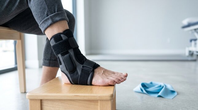 Individual using ankle brace while sitting on wooden stool indoors  