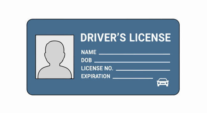 A driver's license card with photo area and fields for name, DOB, license number