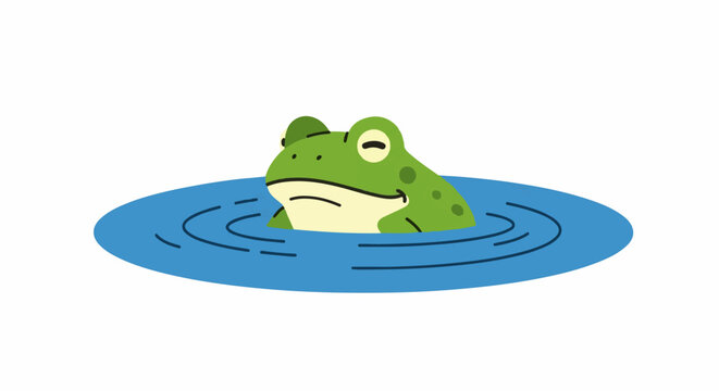 A green frog with light yellow underbelly sits in blue water