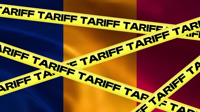 Trade Barrier: Yellow caution tape with the word TARIFF repeatedly printed on it is stretched across the flag of Chad, symbolizing economic restrictions and trade challenges.